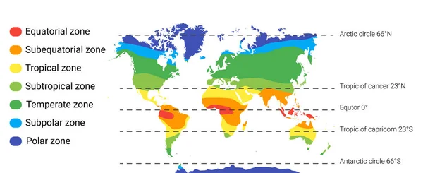 Kaart Van Klimaatzones Vector Illustratie Met Equatoriale Tropische Polaire Subtropische — Stockvector