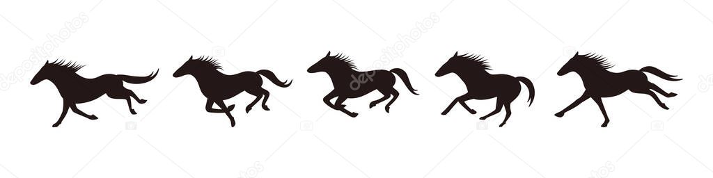 Running horse silhouette sequence set, black vector illustration showing multiple poses in motion, expressing speed, power, and dynamic movement, ideal for animation, design, and creative projects