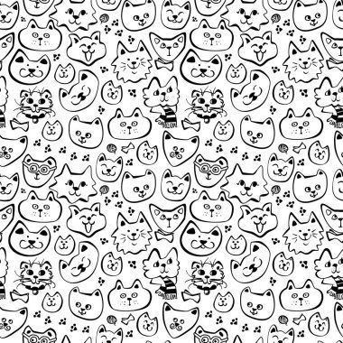 Elle çizilmiş kedi ile Seamless modeli. Komik kedi ifadeleri arka plan. Kabataslak vektör çizim