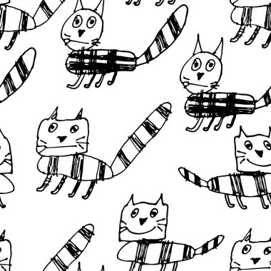 El çekilmiş siyah beyaz basit Doodle kedi desen çocuklar tarzı. Çizim vektör eskiz çizimler ile sorunsuz arka plan