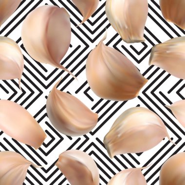 Arka plan üstten görünüm üzerinde gerçekçi sarımsak Seamless modeli. Vektör 3d çizim