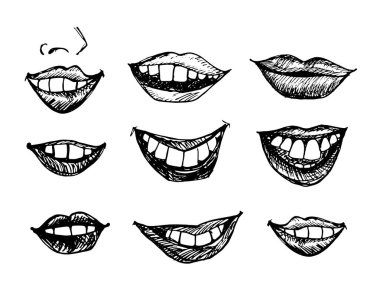 Dudaklar koleksiyonu gülümseyen vektör siyah beyaz eğlenceli. Sevinç ve mutluluk kroki çizimi kümesi