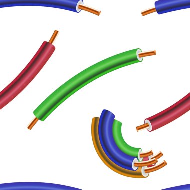 Beyaz arka plan üzerinde izole elektrik kablosunun seamless modeli. Elektrikli bakır tel veya kordon. Gerçekçi 3d vektör çizim