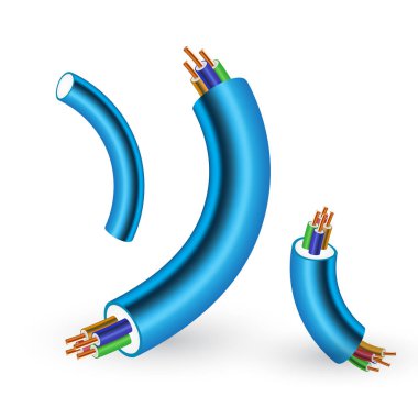 Elektrik kablo üzerinde beyaz izole kümesi. Elektrikli bakır teller ve kordonlar veya kablolar koleksiyonu. Gerçekçi 3d vektör çizim