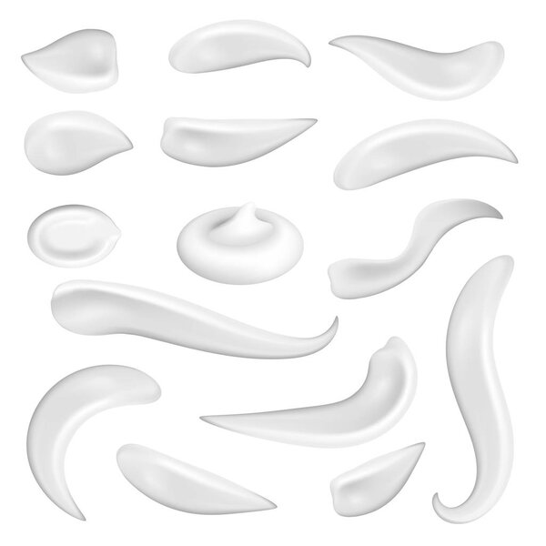 Sunscreen White Cream Strokes or Cosmetic Sun Protection Gel Drops Isolated. Beautiful Realistic 3d Vector Illustration of Creamy Smooth Foam Smears