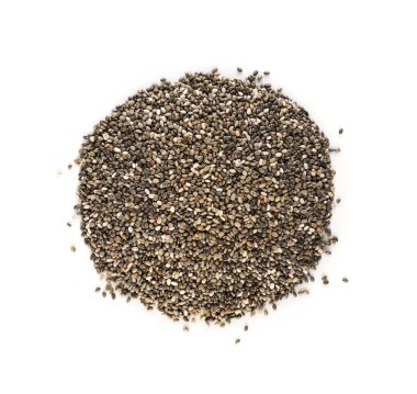 Chia Tohumları Yığını Beyaz Arkaplanda İzole Edildi. Salvia Hispanica Superfood Top View olarak da bilinir.