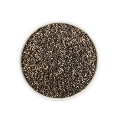 Tabaktaki Chia Tohumları Yığını Beyaz Arkaplanda İzole Edildi. Salvia Hispanica Superfood Top View olarak da bilinir.