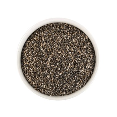 Tabaktaki Chia Tohumları Yığını Beyaz Arkaplanda İzole Edildi. Salvia Hispanica Superfood Top View olarak da bilinir.