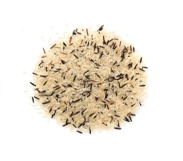 Yığın Ham Siyah Yabani Pirinç Izole Kaynatılmış Beyaz Pirinç Üstten — Stok fotoğraf