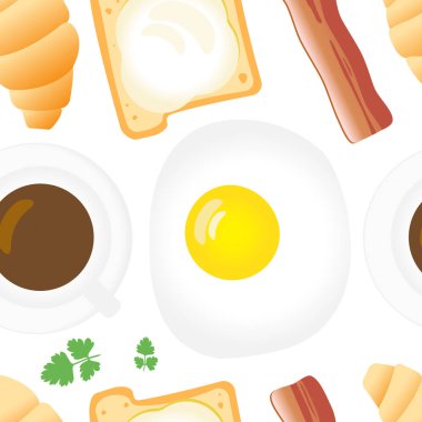 Düz çizgi film tarzı kahvaltı Seamless modeli. Kızarmış yumurta, pastırma, maydanoz, kahve, kruvasan, ekmek ve tereyağı beyaz arka plan üzerinde