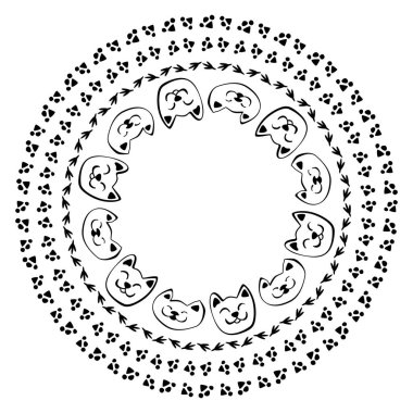 Yuvarlak kare elle çizilmiş kedi ile. Komik kedi ifadeleri arka plan. Kabataslak vektör çizim