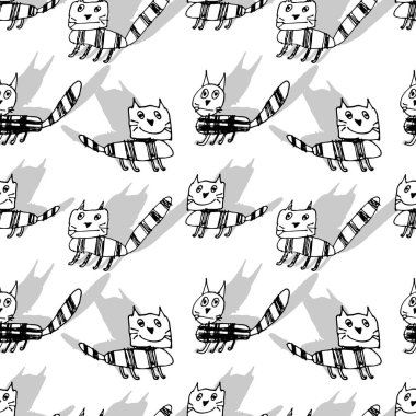 El çekilmiş siyah beyaz basit Doodle kedi desen çocuklar tarzı. Çizim vektör eskiz çizimler ile sorunsuz arka plan