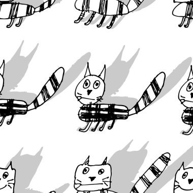 El çekilmiş siyah beyaz basit Doodle kedi desen çocuklar tarzı. Çizim vektör eskiz çizimler ile sorunsuz arka plan