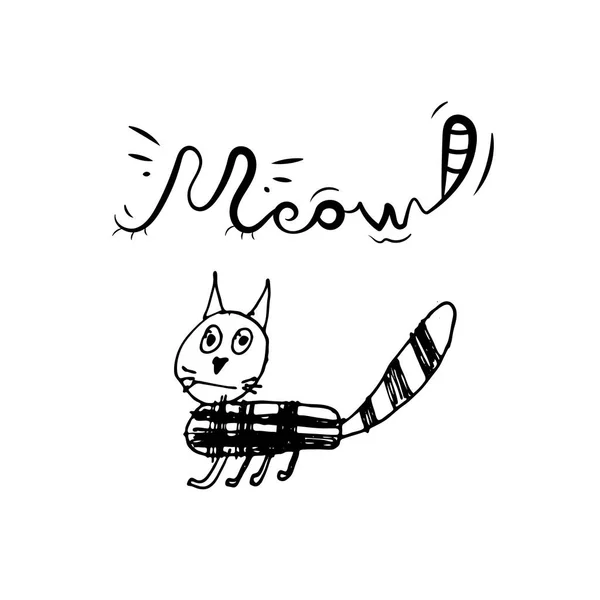 Hand Drawn Black White Simple Doodle Cat Grunge Style Dalam - Stok Vektor