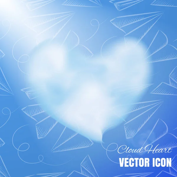 Molnet Realistiska Vektor Hjärtikonen Blå Bakgrund Vackra Romantiska Symbolen Med — Stock vektor