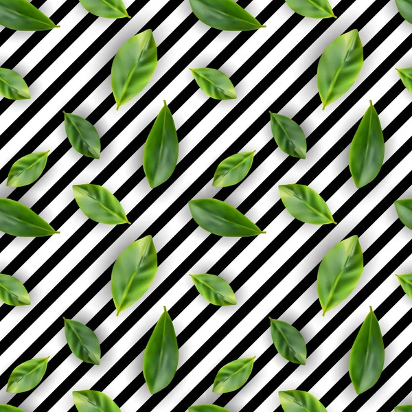 緑の葉ベクター現実的な シームレスな背景 イチジクの葉や紅茶葉フラット レイアウト平面図と創造的な緑豊かな緑の夏パターン — ストックベクタ