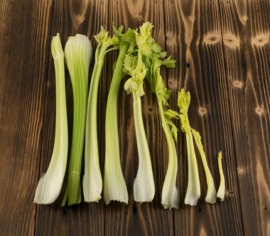 Ham yeşil kereviz koleksiyonu ahşap arka plan üstten görünüm üzerinde takip ediyor. Eski ahşap rustik masa üzerinde taze organik sebze kümesi