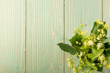 Ihlamur çiçek ahşap arka plan üzerinde. Güzel yaz buket ahşap masa doku üzerinde. Ihlamur çiçeği ile metin için yer