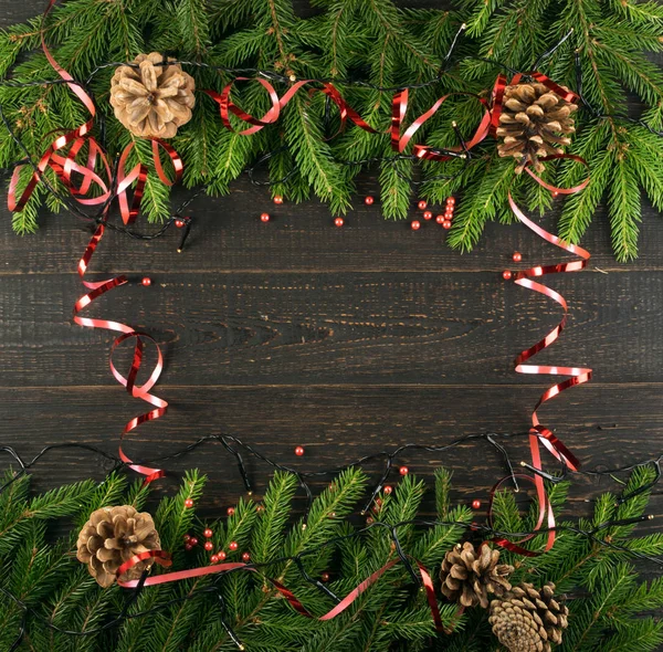 Christmas Background Fir Branches Wooden Backdrop Flat Lay Top View — Stock Photo, Image