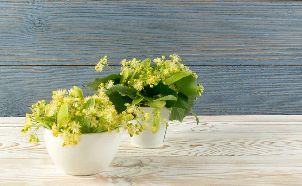 Ihlamur çiçek ahşap arka plan üzerinde. Güzel yaz buket ahşap masa doku üzerinde. Ihlamur çiçeği ile metin için yer