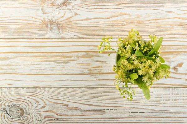 Ihlamur çiçek ahşap arka plan üzerinde. Güzel yaz buket ahşap masa doku üzerinde. Ihlamur çiçeği ile metin için yer