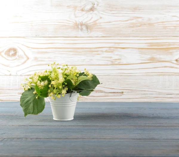 木製の背景にシナノキの花 木製のテーブルのテクスチャーに美しい夏の花束 テキスト シナノキの花 — ストック写真