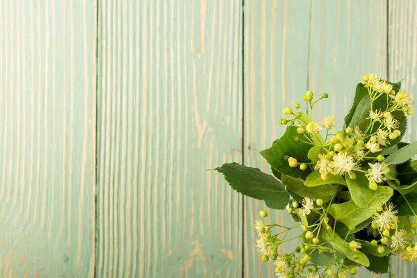 Ihlamur çiçek ahşap arka plan üzerinde. Güzel yaz buket ahşap masa doku üzerinde. Ihlamur çiçeği ile metin için yer