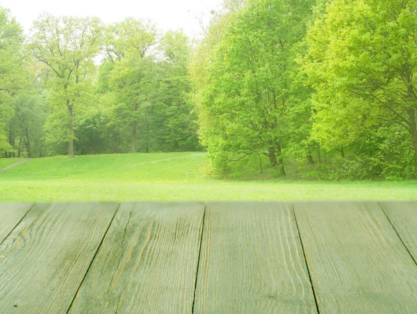 Güzel yaz gün boş ahşap masa dışında. Rustik ahşap resepsiyon açık arka plan. Şablon ürün reklam için tezgah ile sahte