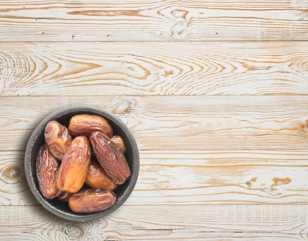 Dried Dates Bowl Wooden Background Top View Fruits Date Palm — Stock Photo, Image