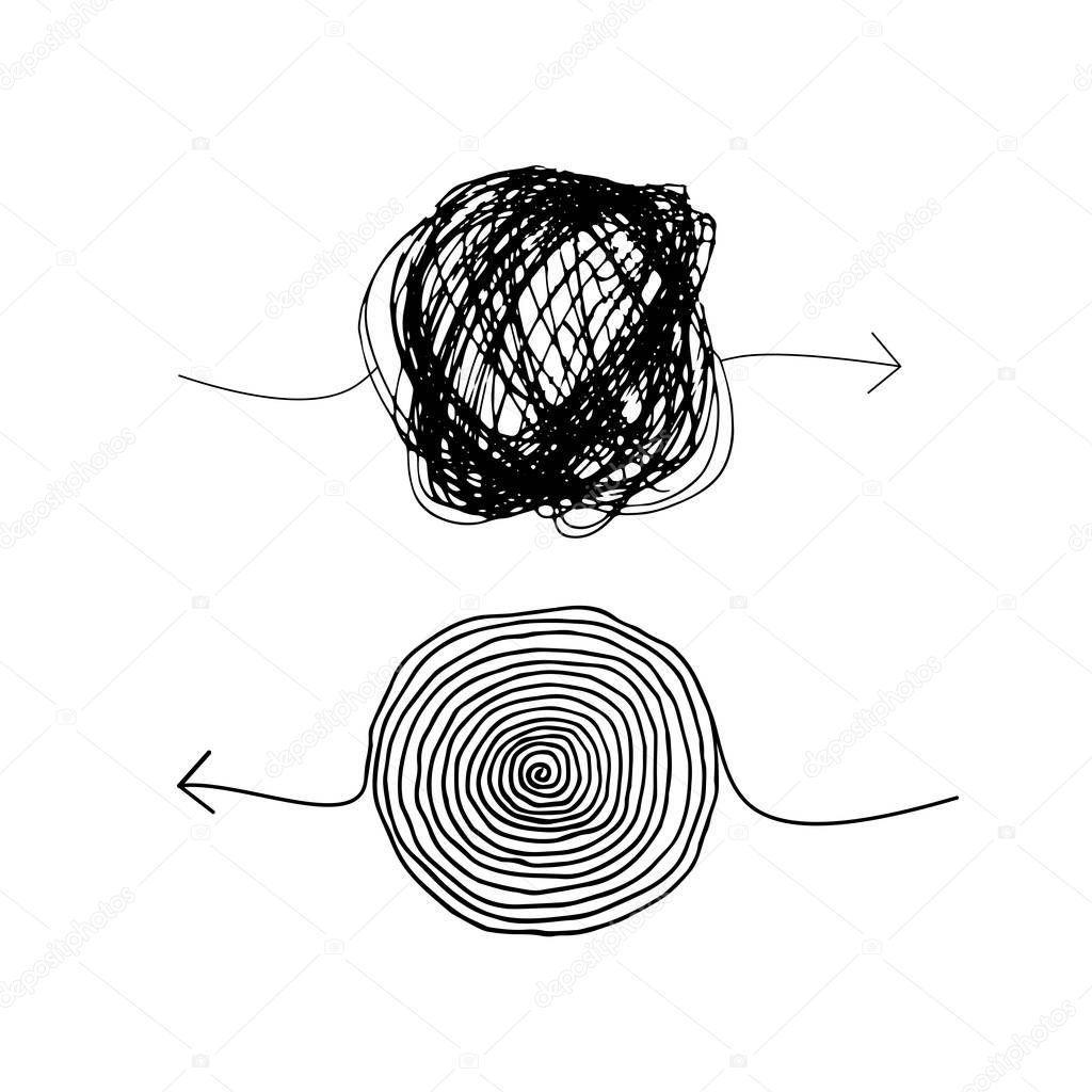 Multi directional scribble insane arrows as illustration of brainstorming complexity. Embarrassing and chaos with hard solution ink vector sketch. Solving a complex problem or quest