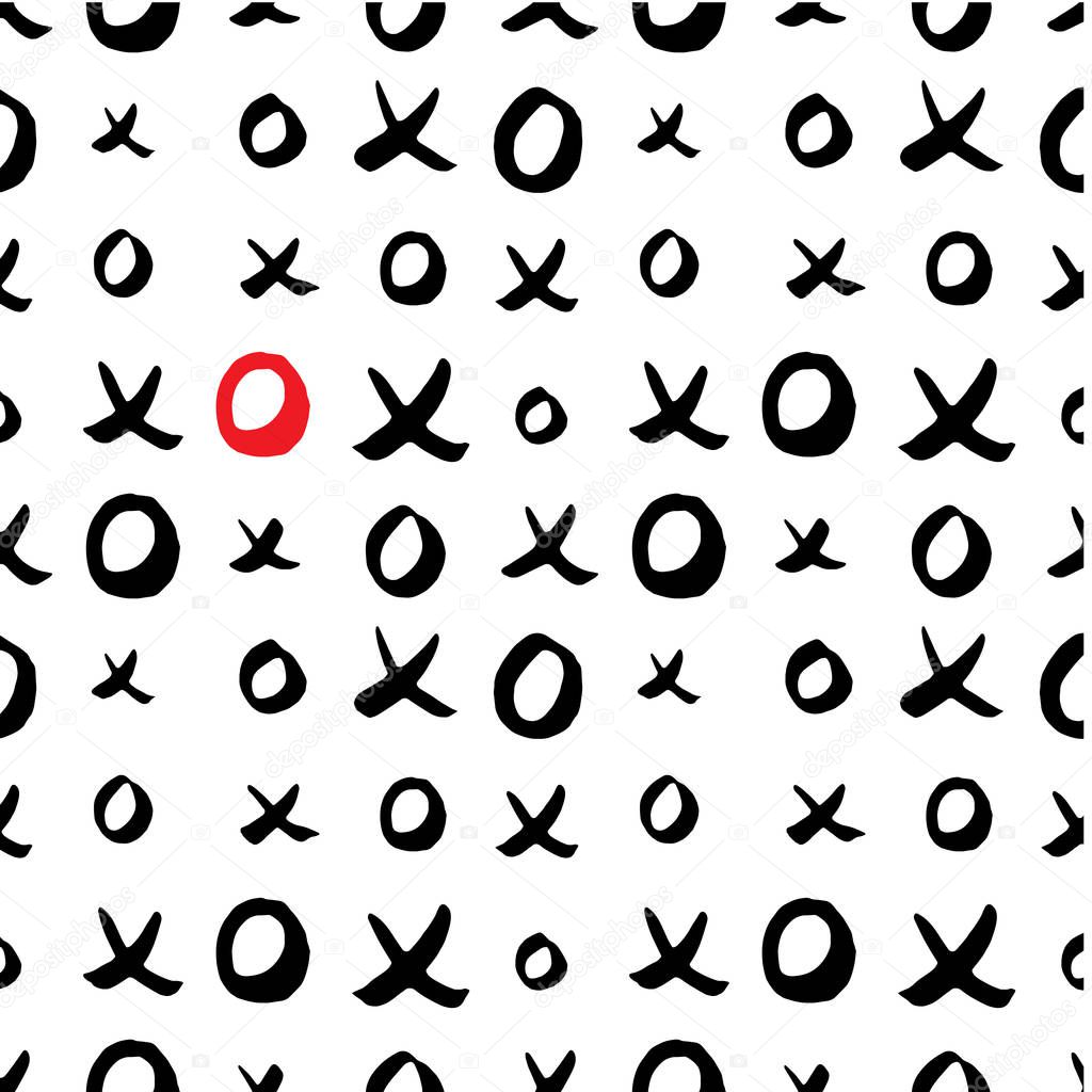 Black and white hand drawn seamless pattern with x and o symbols on white background. Endless grunge backdrop with repeating cross and zero or xo sign, ink strokes vector illustration