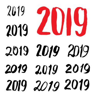 Vintage mürekkep neşeli Noel ve mutlu yeni yıl set 2019 tebrik kartı hat kabataslak. Elle çizilmiş vektörel yazı tipi numaraları koleksiyonu Çin tarzı yazı