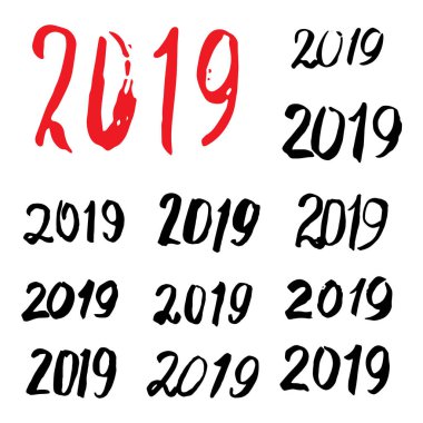 Vintage mürekkep neşeli Noel ve mutlu yeni yıl set 2019 tebrik kartı hat kabataslak. Elle çizilmiş vektörel yazı tipi numaraları koleksiyonu Çin tarzı yazı