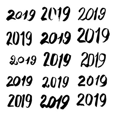 Vintage mürekkep neşeli Noel ve mutlu yeni yıl set 2019 tebrik kartı hat kabataslak. Elle çizilmiş vektörel yazı tipi numaraları koleksiyonu Çin tarzı yazı