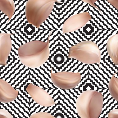 Arka plan üstten görünüm üzerinde gerçekçi sarımsak Seamless modeli. Vektör 3d çizim