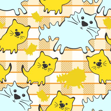 Doode şirin Seamless modeli ile kedi pötikareli arka plan üzerinde. Küçük bebek çizgi film sonsuz baskı yavru kedi. Çocuk kumaş Tamplate geleneksel damalı zemin üzerinde büyük ve küçük kediler