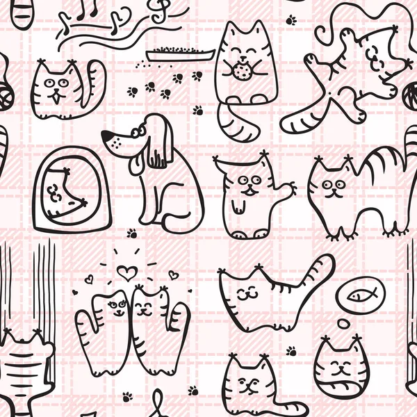 Doode ギンガム チェックの背景に猫とかわいいシームレス パターン 少し子猫赤ちゃん漫画無限印刷です 伝統的な市松模様の背景に大きな 小さな猫と子供ファブリック Tamplate — ストックベクタ
