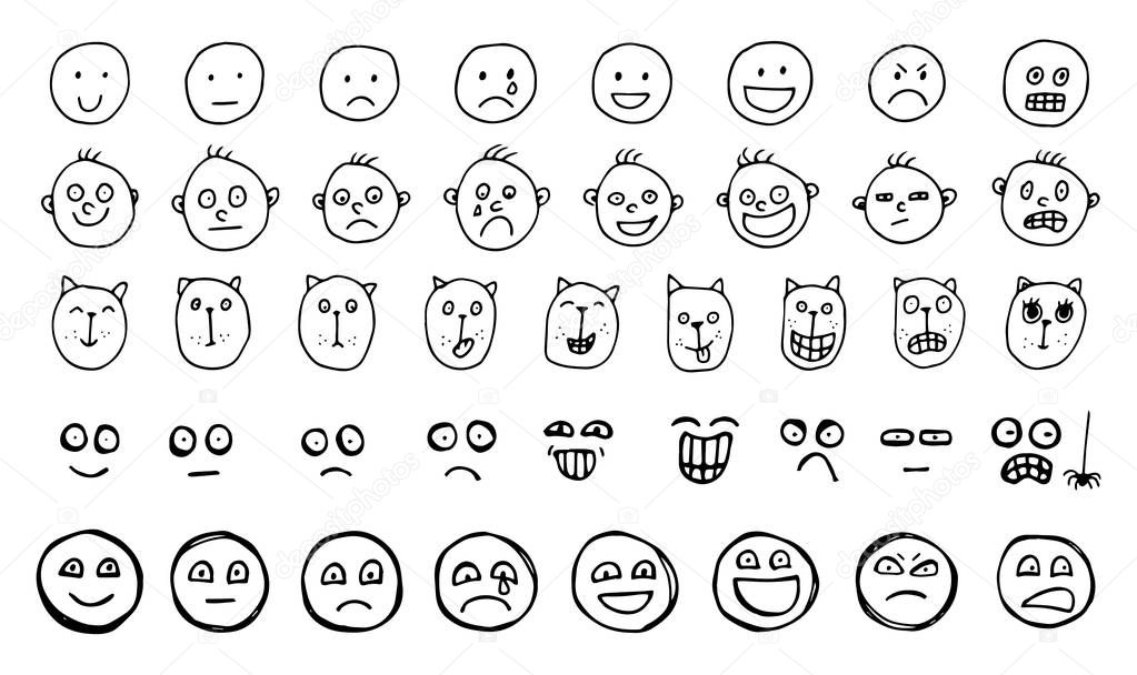 Set of Hand Drawn Creative Vector Emoticons. Collection of Sketched Human and Animal Smiles with a Different Facial Expression and Emotion Isolated on White