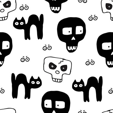 Kafatasları Cadılar Bayramı ambalaj, ambalaj ve korsan bayrakları için çizilmiş seamless modeli el. Sonsuz arka plan vektör çizim üzerinde beyaz izole kabataslak doodle kafatası ile