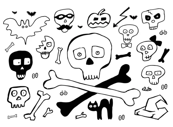 Cadılar Bayramı ve korsan bayrakları için çizilmiş öğeleri el kemikleri ve kafatasları. Vektör çizim kabataslak doodle kafatası, kemik, yarasa, siyah kedi ve beyaz arka plan üzerinde izole kötü kabak toplama