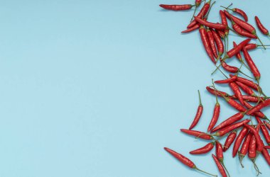 Çok sıcak biber mavi Kağıt arka plan üstten görünüm alanı olan metin için üzerinde. Kırmızı baharatlı biber biber desen veya zemin için Hint menü için oryantal yiyecek tasarım