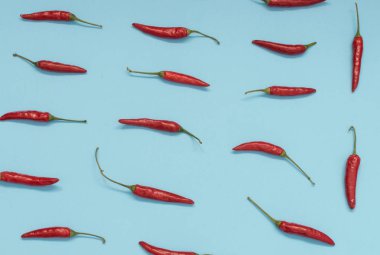 Çok sıcak biber mavi Kağıt arka plan üstten görünüm üzerinde. Kırmızı baharatlı biber biber desen veya zemin için Hint menü için oryantal yiyecek tasarım