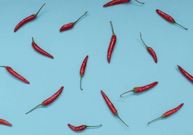 Çok sıcak biber mavi Kağıt arka plan üstten görünüm üzerinde. Kırmızı baharatlı biber biber desen veya zemin için Hint menü için oryantal yiyecek tasarım