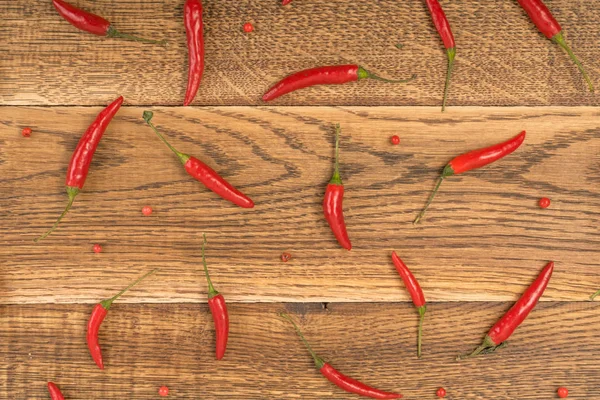 Very Hot Chili Peppers Rustic Wooden Background Top View Red — Stock Photo, Image