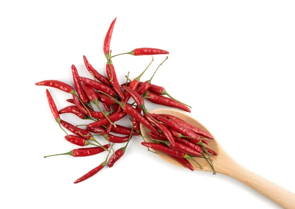 Heap Small Very Hot Chili Peppers Wooden Spoon Isolado Vista — Fotografia de Stock