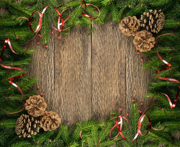 Christmas Background Fir Branches Pine Cones Wooden Backdrop Flat Lay — Stock Photo, Image