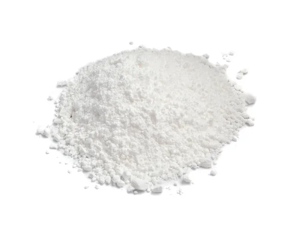 粘土または珪藻土の白い背景に隔離された白い粉 カルシウム 石膏または石膏として粉末化学物質のマクロ写真を閉じる — ストック写真