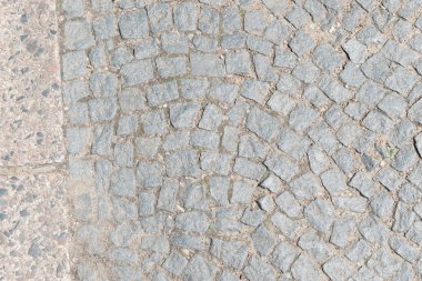 Grey Old Pavement Top View veya Granite Cobblestone Yolu. Antik Tuğla Parke Taşlı Zemin ya da Granit Döşeme Sokağı Büyük Taşlı