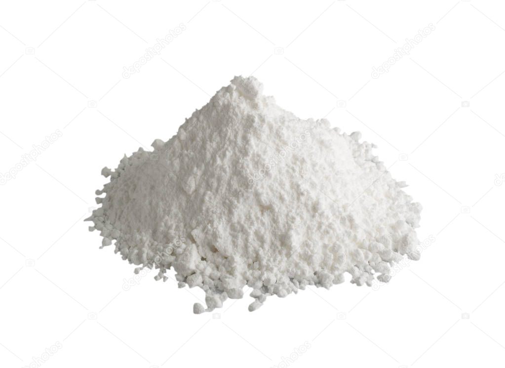 White Powder of Concrete, Clay or Bentonite Isolated on White Background with Clipping Path. Macro Photo of Powdered Chemicals as Calcium, Gypsum or Plaster Close Up