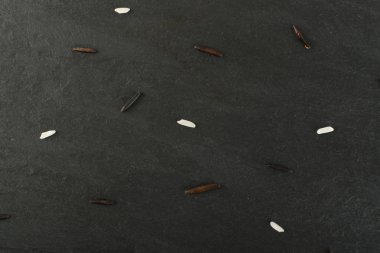 Ham siyah yabani pirinç üzerinde koyu taş arka plan en iyi görünüm düz yatıyordu. Sağlıklı diyet Kanada Bio pirinç tahıl doku TOPVIEW metin veya boşaltmak için yer ile